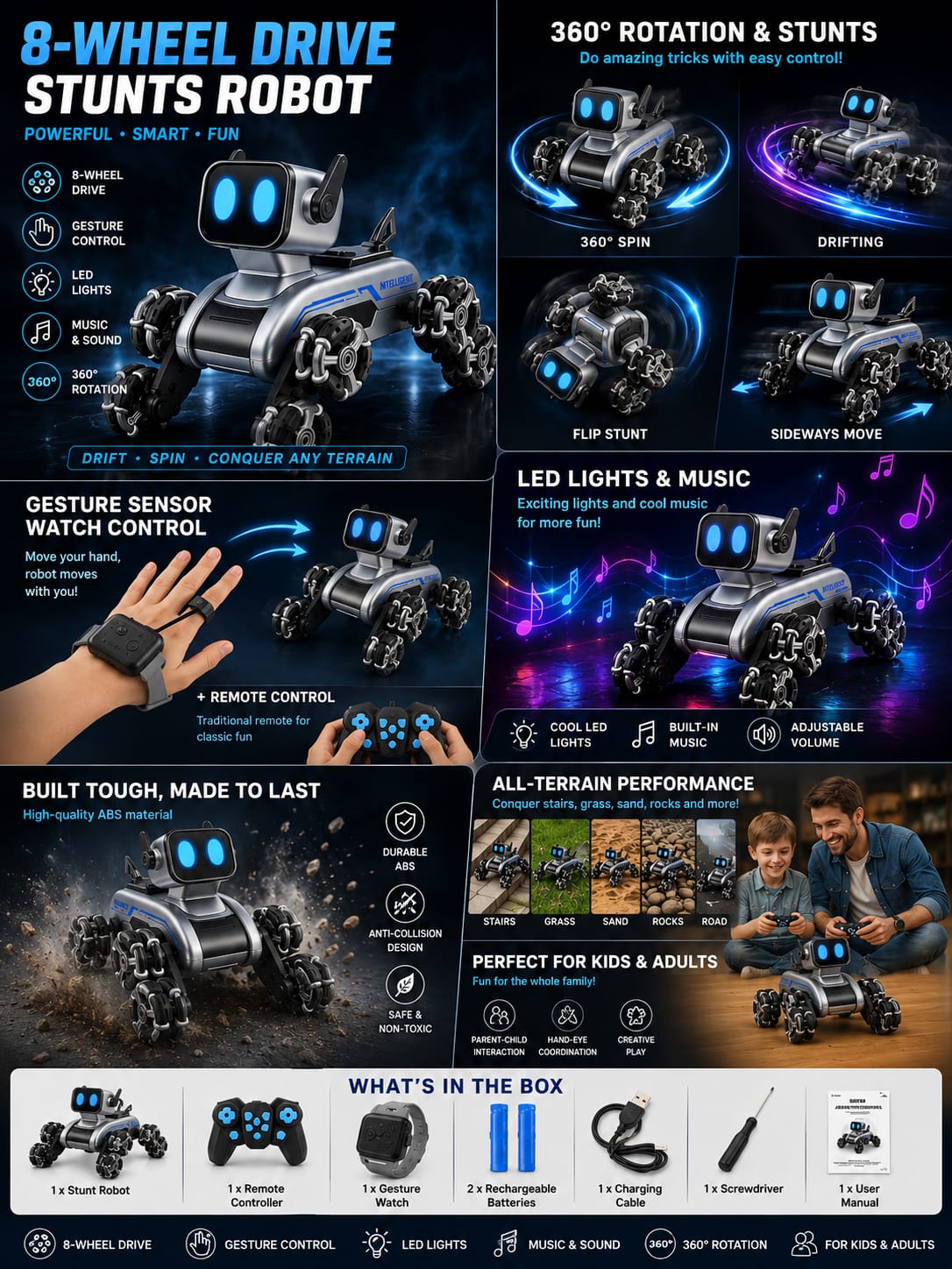 8WD Gesture Sensor RC Stunt Car, also known as a remote-control robot dog toy,
